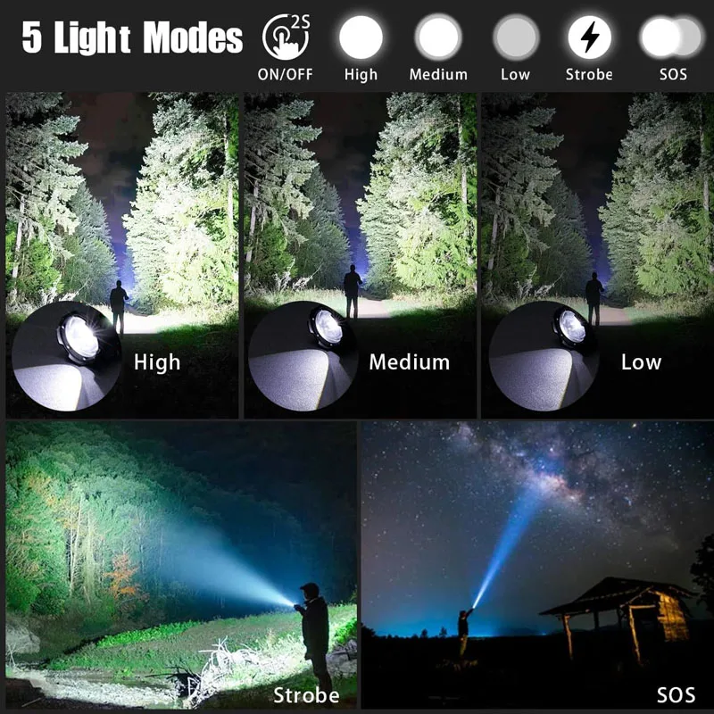 50000LM XHP70 LED Flashlight, USB-C Rechargeable Zoomable Torch,Life Waterproof Super Bright Light for Camping Emergency Hunting