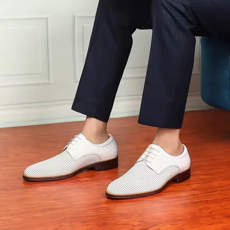 Summer New Style High Quality Hollow-out Breathable Business Formal Leather Shoes For Men Pure White Cowhide Shoes For Wedding