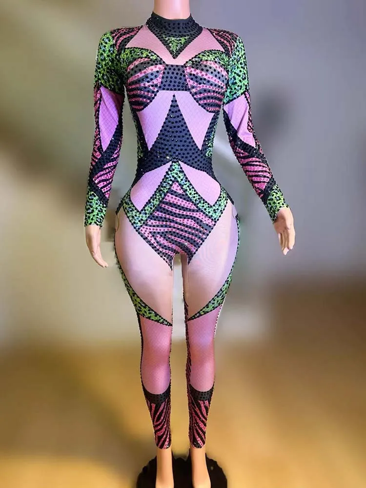 High Quality Rhinestone Elastic Color Blocked Jumpsuit 2025 New Fashion Custom Women'S Clothing