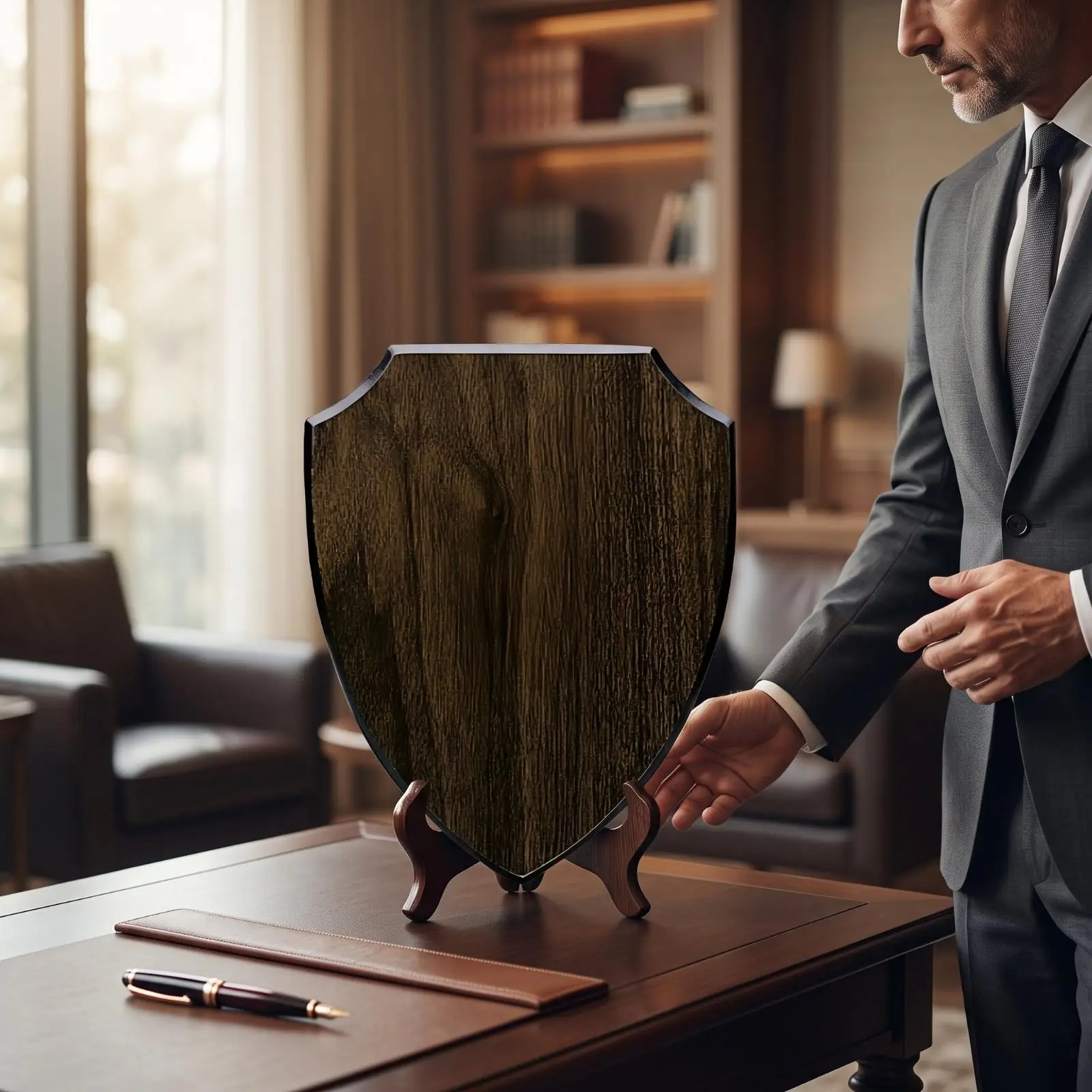 Wood Plaque Blank Heraldic Plaque Angled Display Board for Businesses, Agencies, Office, Reception, Business Counter