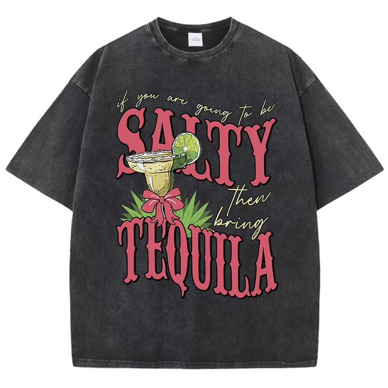 

Salty Tequila Lemon Prints Women Washed T-Shirt Trendy Crewneck Tee Shirts Hip Hop Casual Clothes Cotton Woman Short Sleeve