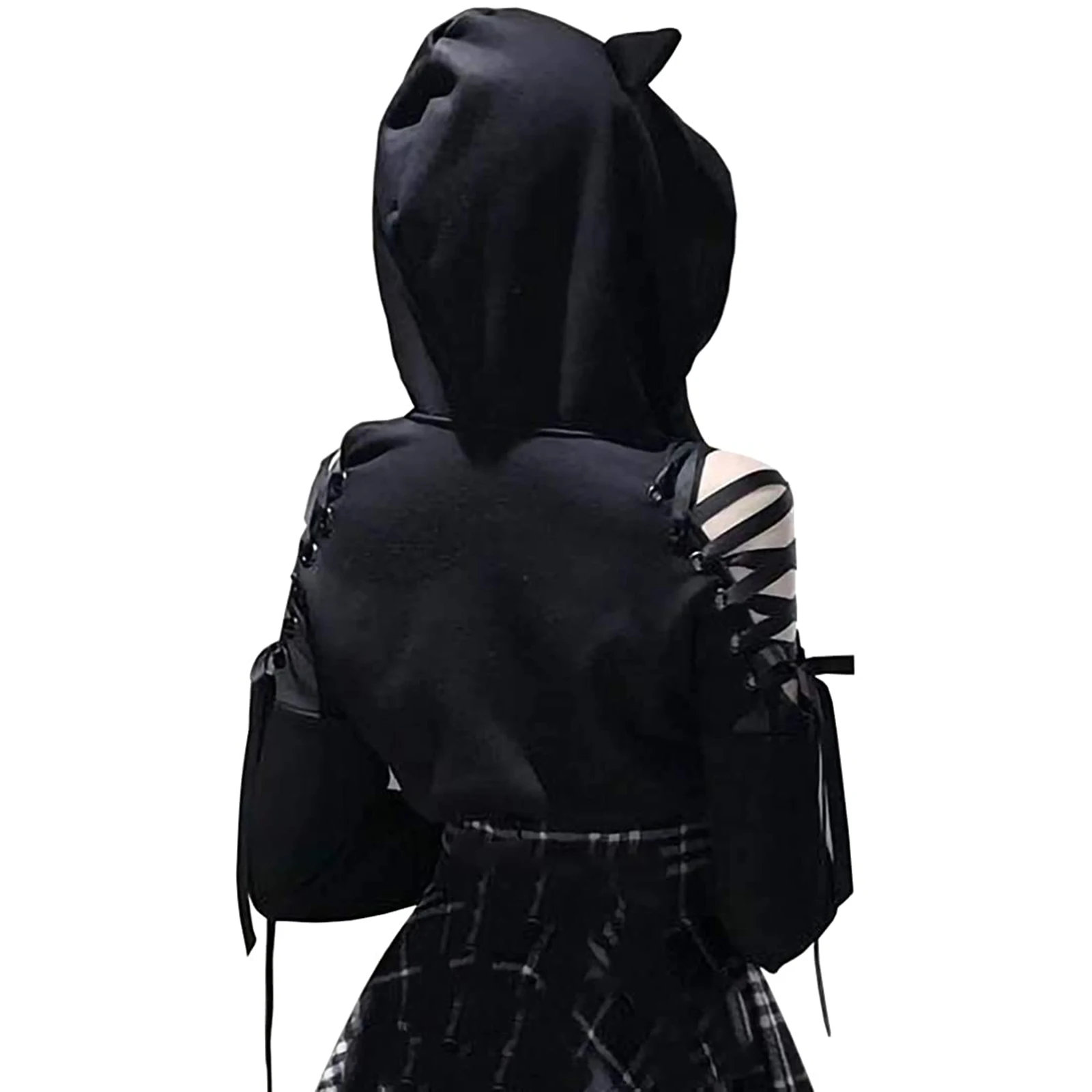 Womenโs Polyester Hoodies Sweatshirts Autumn Black Casual Fashion Bandage Long Sleeve Exposed Navel Slim Fit Warm Pullover Tops