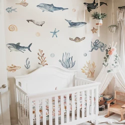 Watercolor Cartoon Sharks Wall Decals Ocean Animal Wall Sticker Under The Sea Marine Life Theme Decals Nursery Kids Room Decor