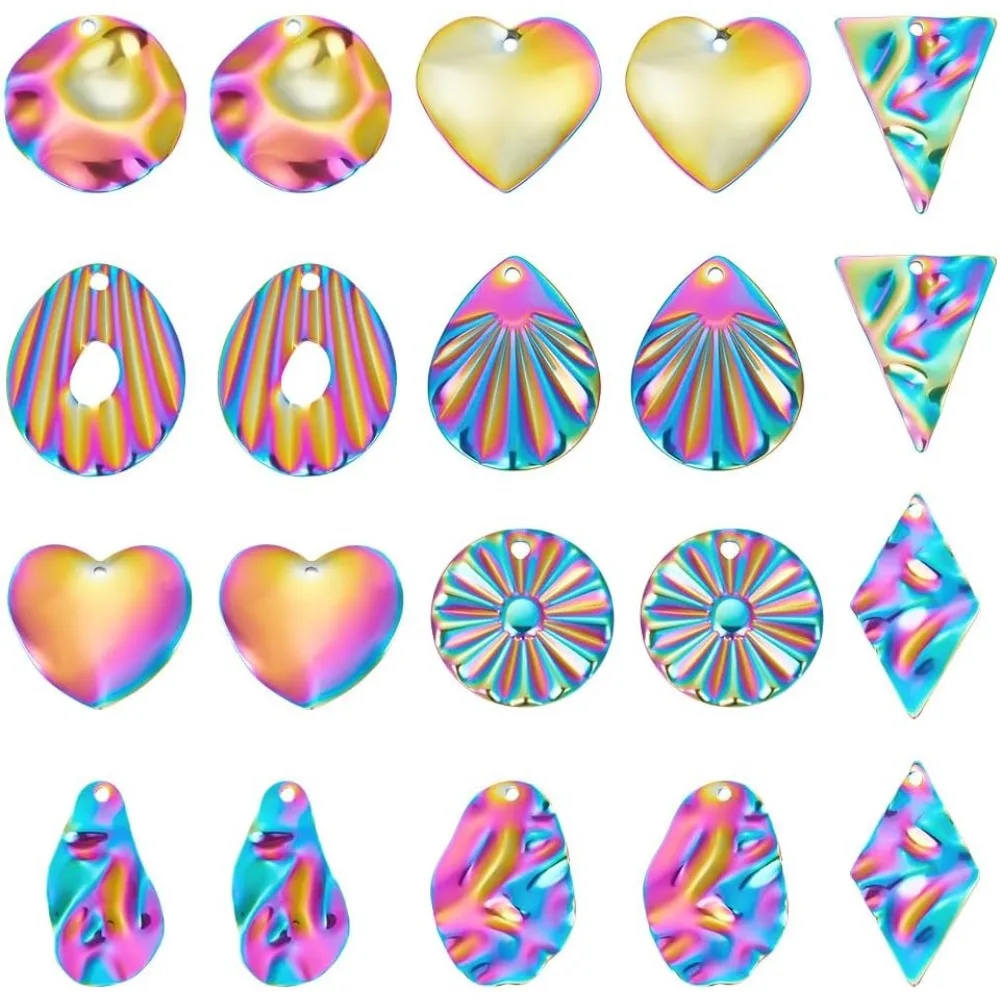 

20 шт., 10 стилей, подвески из нержавеющей стали с геометрическим узором, металлические текстурированные радужные цвета, геометрические висячие подвески, треугольные шестигранные подвески