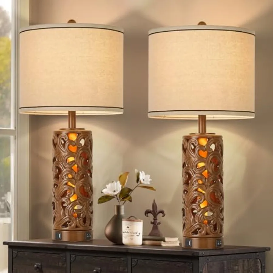 

Set of 2 Farmhouse Table Lamps with 2 USB Charging Ports Vintage Carved Bedside Lamps with Smart Dimmable Bulbs Rustic Nightsta