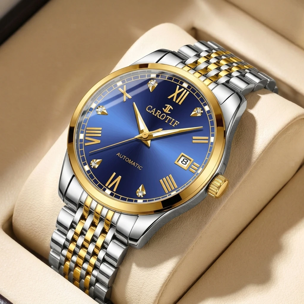 

1pc Men's Automatic Mechanical Watch, Blue Dial,Two-Tone Metal Strap Roman Numeral Markers,Date Display, Business Casual Style