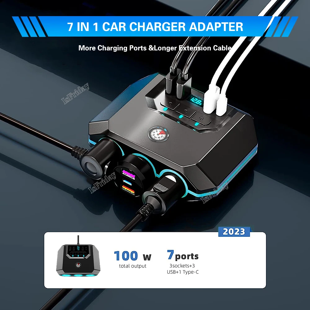 120W Car Cigarette Lighter Adapter USB Fast Charger Splitter Multinational Socket Ports LED Voltmeter Auto Accessories