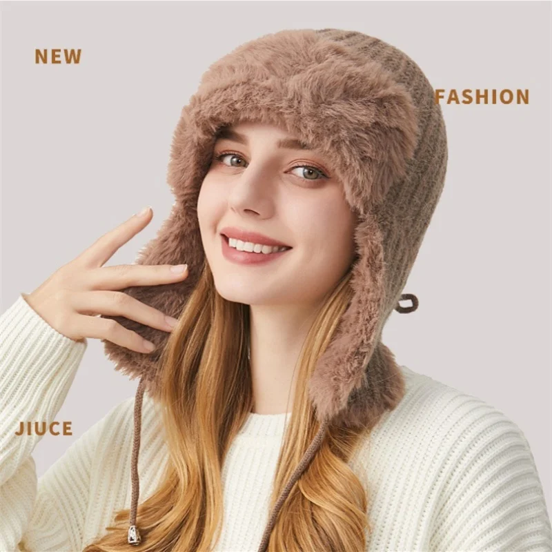 Winter Knitted Thunderbird Hat Women Fashion Thick Velvet Ear Protection Warm Realm Woolen Hat Skiing Warm Soft