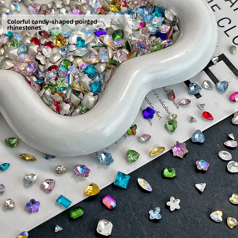 LYLE 50/00Pcs Candy Colorful Pointed Back Nail Rhinestones Heart Irregular Gems Nail Art Charms Wearable Decor Bulk Set Gift