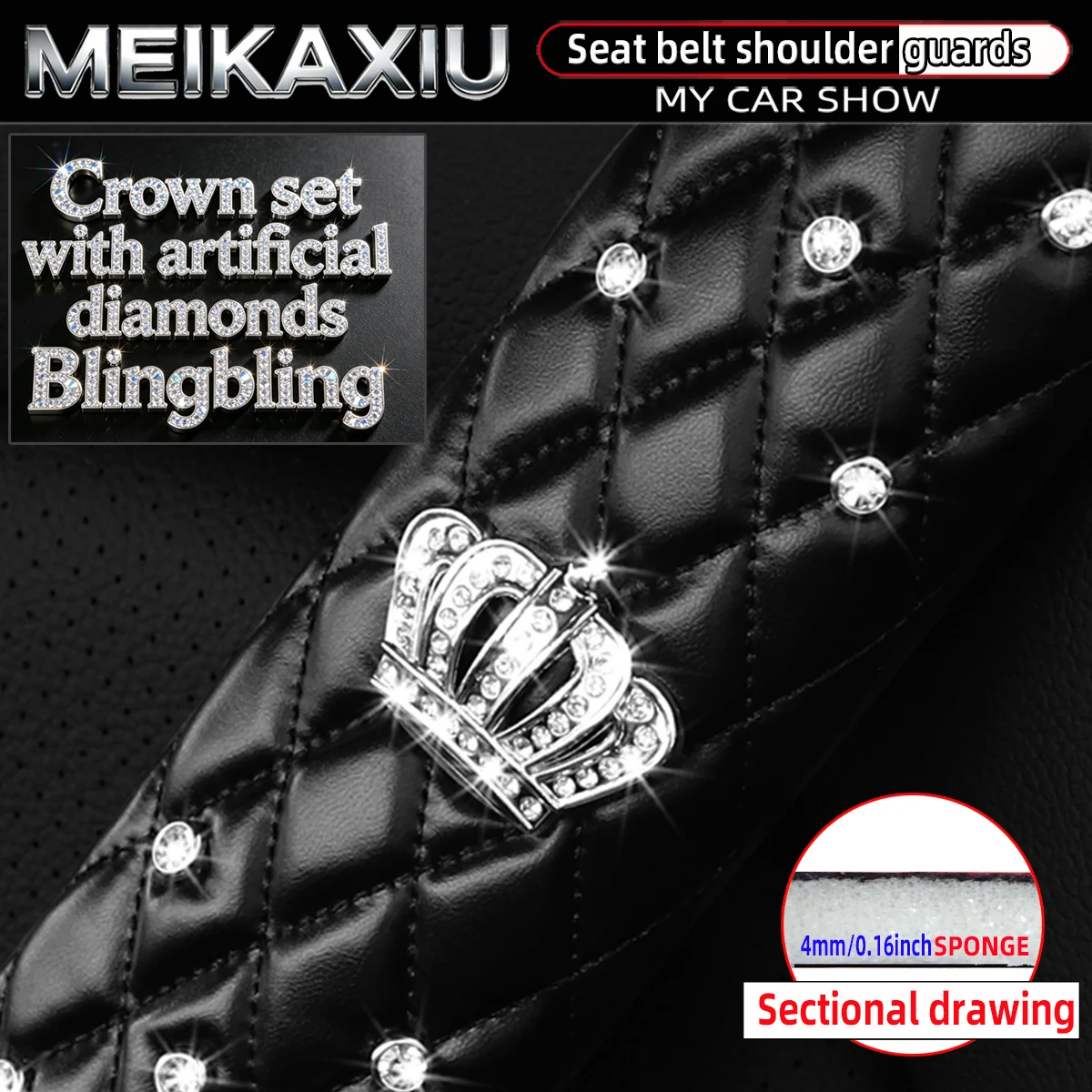 Soft Leather Diamond-Encrusted Crown Car Shoulder Guard 1PC/2PCS Safety Belt Decoration Shiny Accessory for Women's Cars