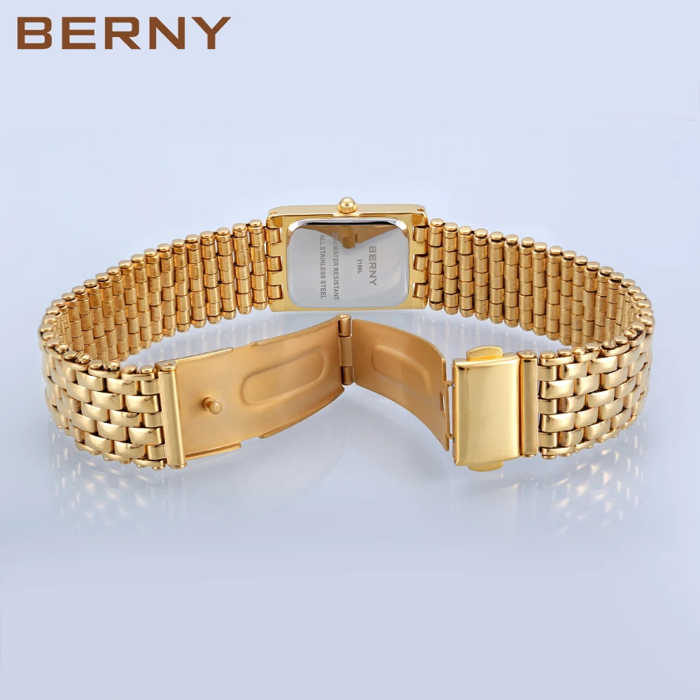 BERNY-Montre-bracelet étanche 3iko pour femme, montre à quartz de luxe, horloge dorée pour femme, acier inoxydable, rectangle, mode féminine