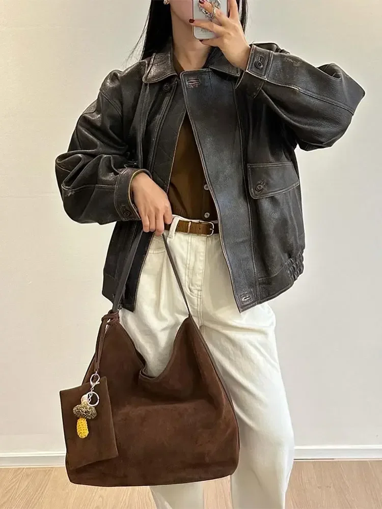 

Женская винтажная куртка на молнии, свободная куртка с отложным воротником, длинными рукавами и карманами, осенняя модная женская верхняя одежда