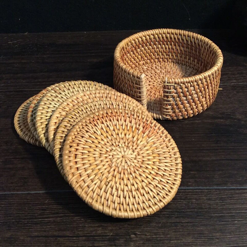 6Pcs Coaster Natural Material Fashion Saucer Set Rattan Coaster Insulation Pad Fashion Superposition Storage Traditional Crafts