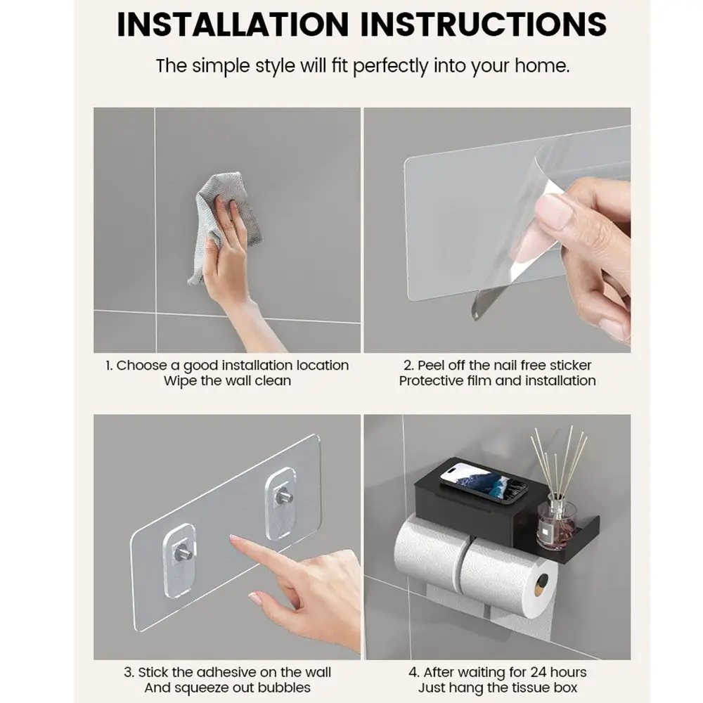 Stainless Steel Toilet Paper Holder Self-Adhesive Storage Box Toilet Roll Rack with Shelf Strong Load Bearing Multi-Functional view 4
