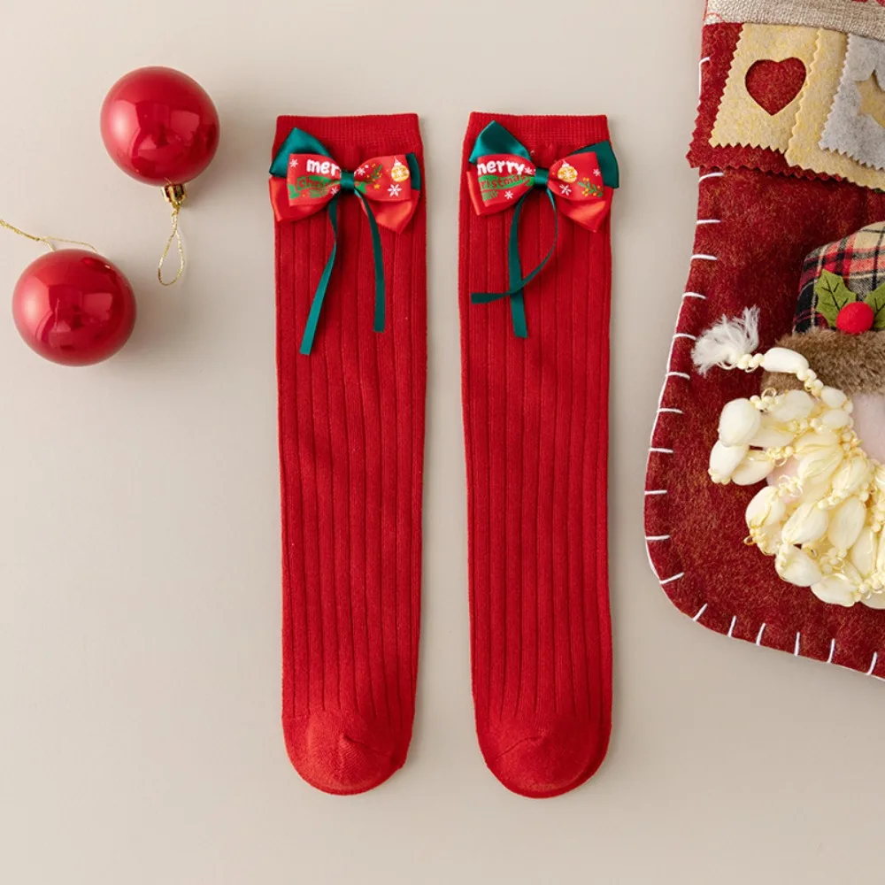 Cute Middle Tube New Year Red Socks Green Cotton Bow Hosiery for Princess Thicken Christmas Socks Autumn