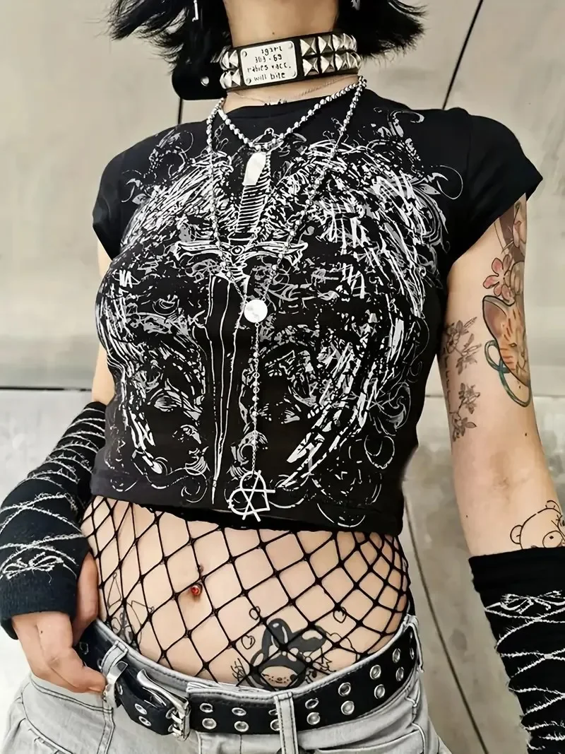 Dark Gothic print tops casual party clothe Y2k women's clothing T-shirt short sleeved round neck slim fit top Vintage streetwear