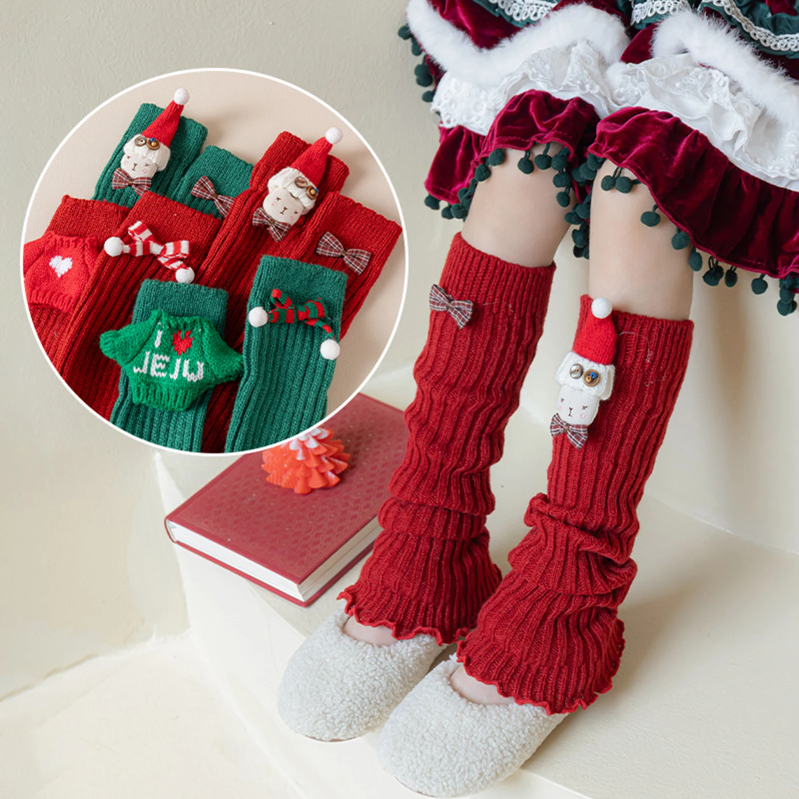 Tregren Toddler Kids Girl Leg Warmers with Plaid Bow and Santa Hat Doll Embellishments Kawaii Knit Ribbed Knee Socks