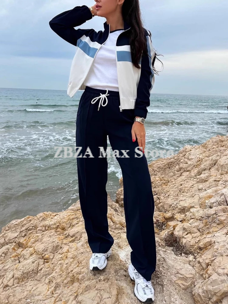 ZBZA Sports Jacket Pants Suit Stand Collar Pockets Zip Pilot Coat Elastic Waist Lace-up Straight-leg Pants Fall Female Chic Set