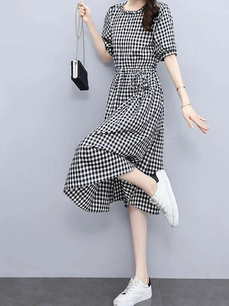 Elegance Office Lattice Lacing Patchwork A-line Skirt New Summer Classic Short Sleeve Round Neck Slim Korean Pleated Midi Dress