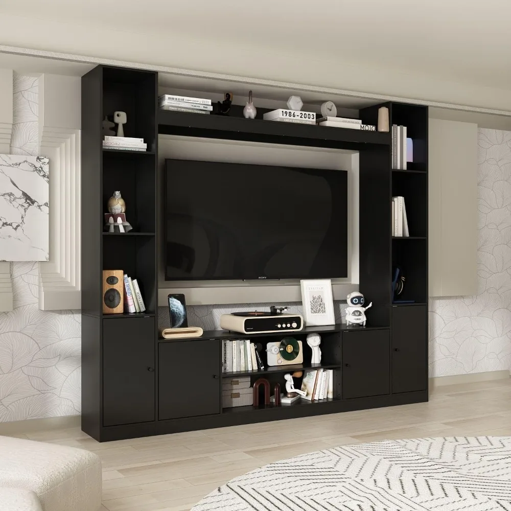 Entertainment Center with Bookshelves Modern Media Center with Open Shelves & Bridge TV Wall Unit with Doors for Living Room