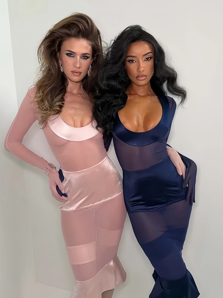 Nibber Party Sexy Durchsichtiges Midikleid Damen Tiefer Ausschnitt Lange Ärmel Tailliert Rüschensaum Mitternachts-Club Mode Langes Bodycon-Kleid