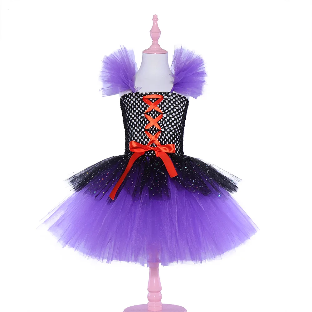 New Girls Halloween Party Stage Show Role Play Purple Witch Layer Sparkly Puffy Tutu Dress With Magic Broom Pointed Hat Outfit