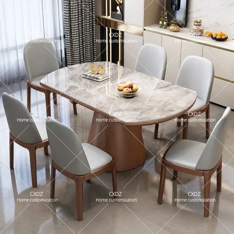 Solid Wood Rock Slab Dining Table and Chair Set Modern Simple Small Apartment Retractable Folding Round Induction Cooker
