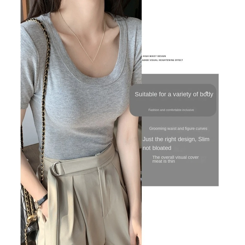 Slim Korean Y2K Crop Tops Round Neck Solid Color Black White Grey T-shirt Corset Breathable Slim Short T-shirt Summer Daily