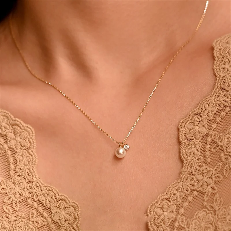 925 Sterling Silver Plating 14K Gold Shell Pearl Zircon Pendant Necklace for Women Simple French Wedding Jewelry Accessorie