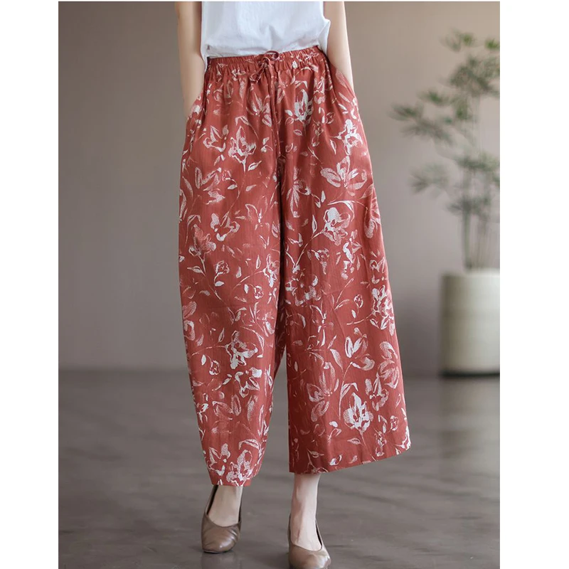 Pantaloni a gamba larga eleganti in cotone con stampa stile etnico Vintage da donna 2023 pantaloni corti larghi a vita alta estivi Pantalones De