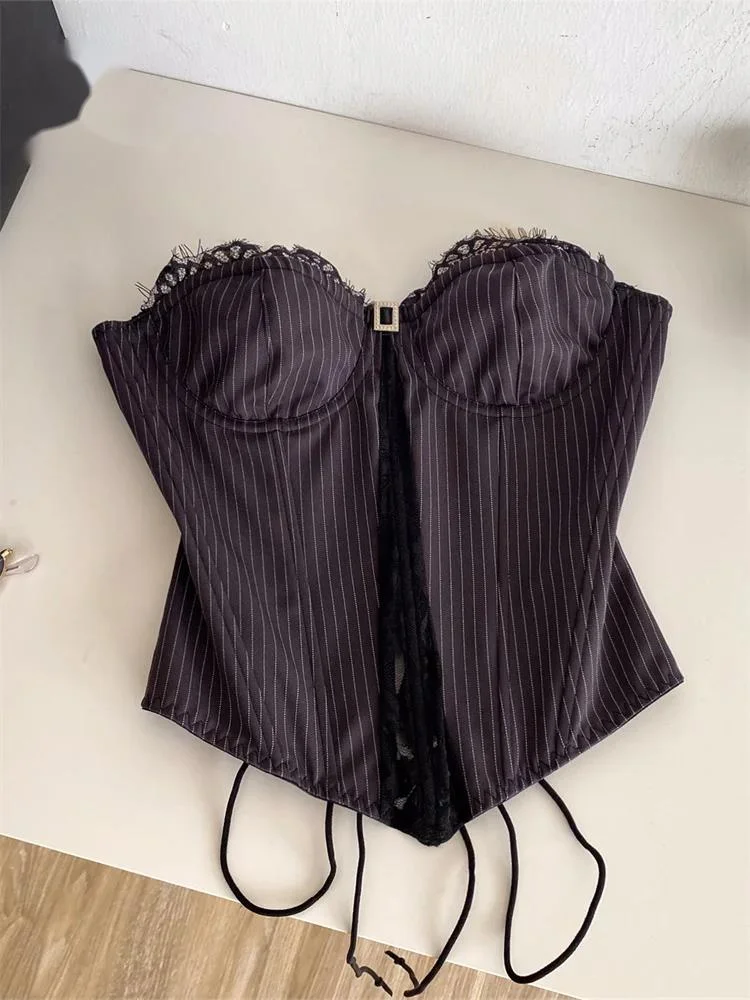 Stripe Sensual Clubwear Top Summer Korean Style Lace Up Workwear Versatile Tank Top Sheer Strapless Women Corset Camis