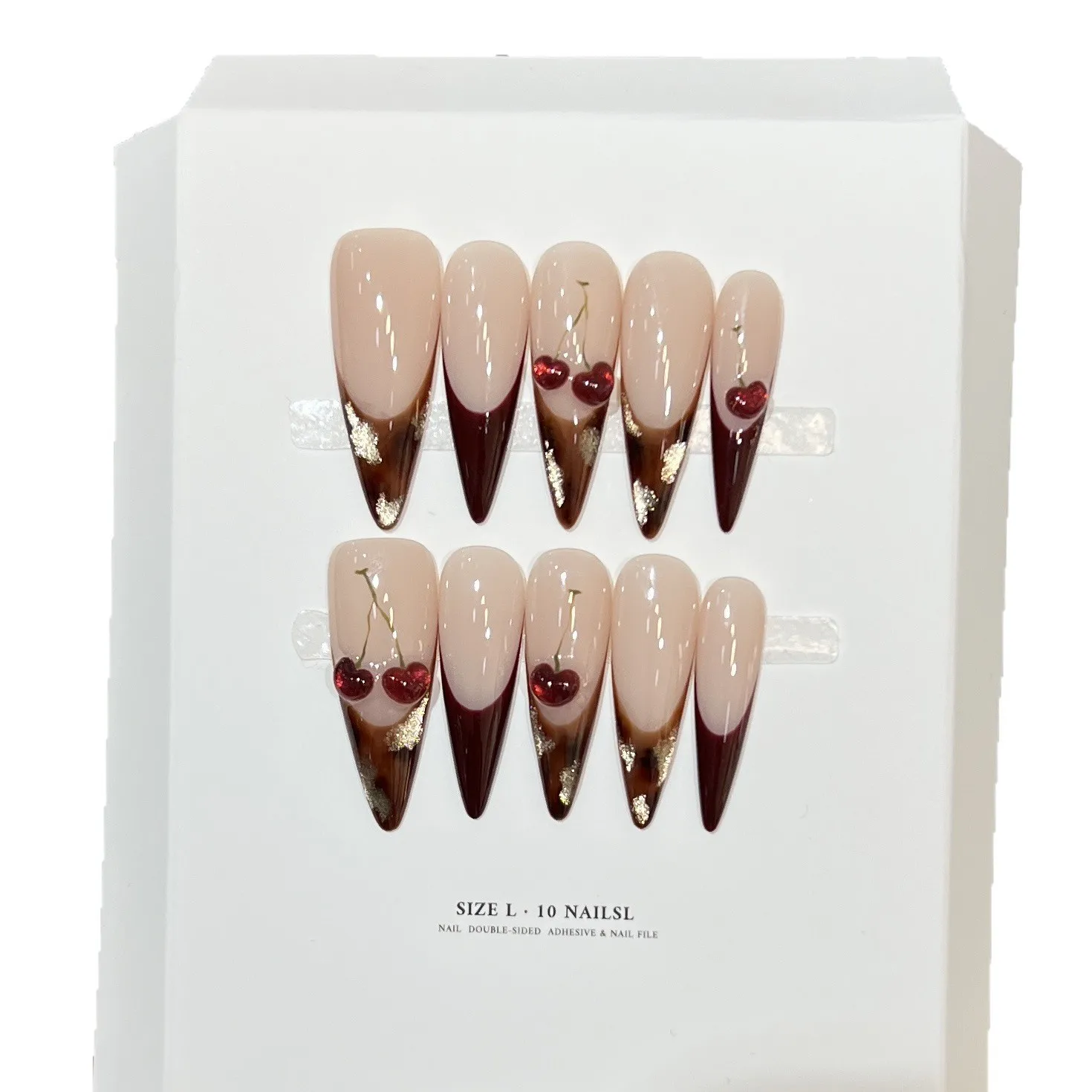 10 szt. Luksusowe, ręcznie robione, długie sztuczne paznokcie typu stiletto, nude z panterką, efekt kociego oka, francuski manicure, dekoracje 3D z czerwonymi wiśniami, paznokcie do noszenia.