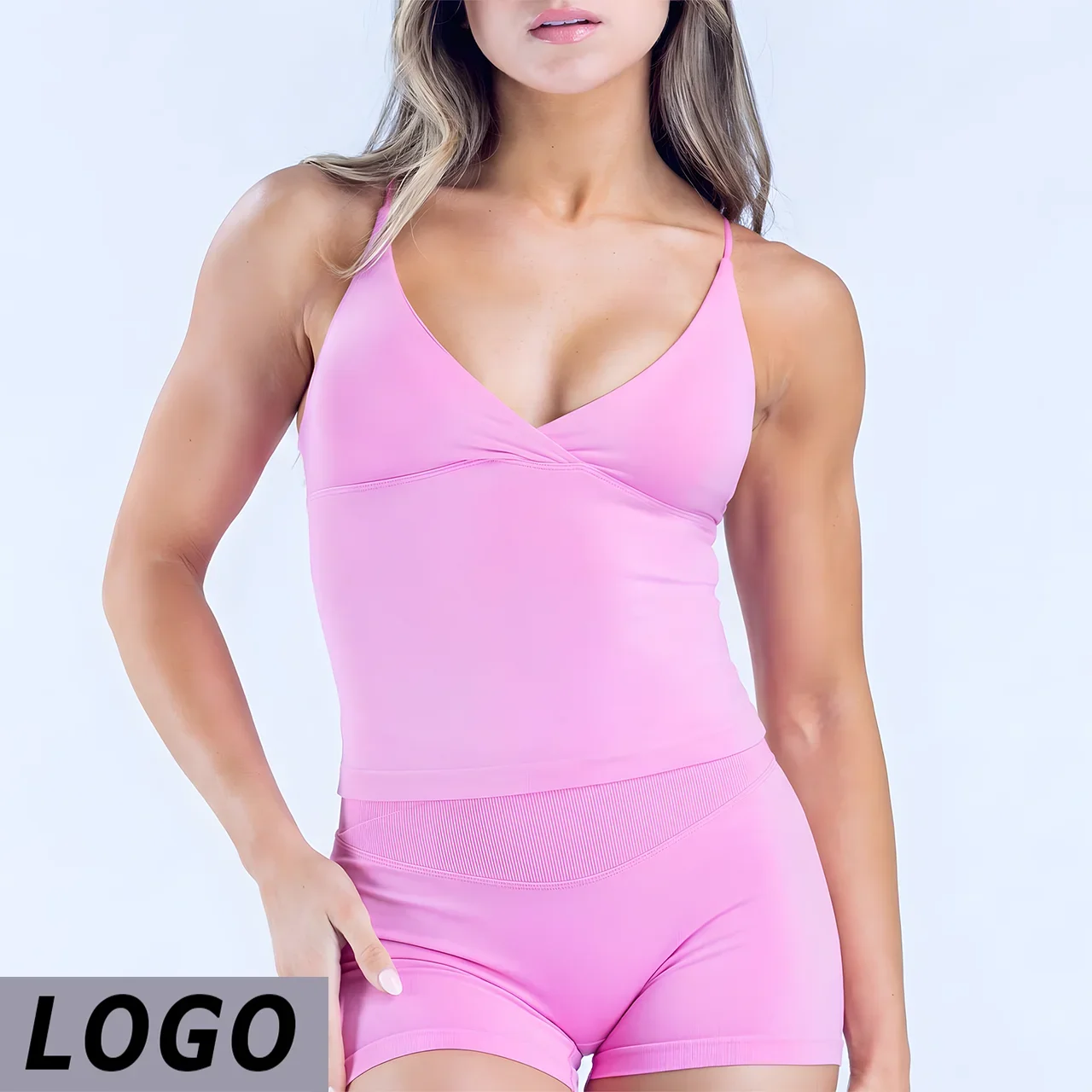 DF-logo Vision Women Thin Strap Twist Front Longline Yoga Tank Top Push‑Up Quick Dry High Elastic Gym Running Fitness Sports