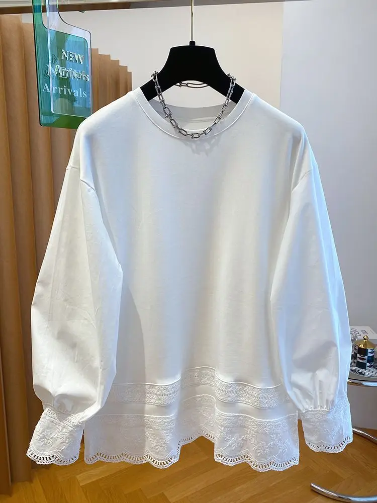 

High-end Lace Splicing Long-sleeved T-shirt Bottoming Shirt for Women Autumn Winter New Korean Style Loose Versatile White Top