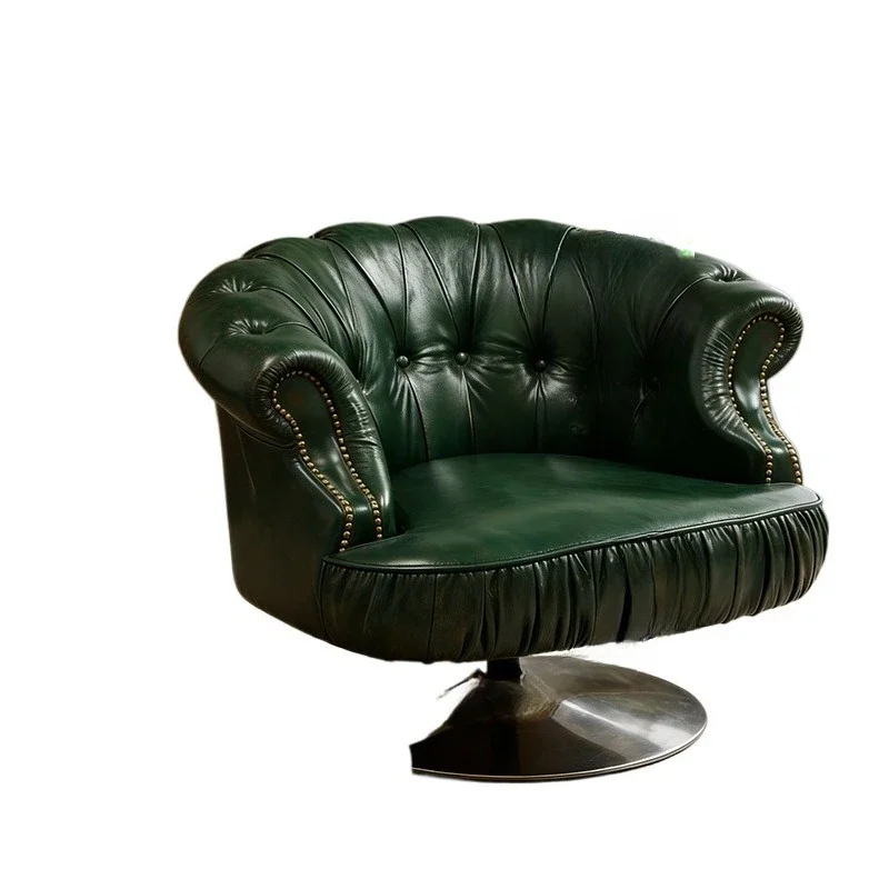 American retro oil wax leather single sofa chair, living room light luxury negotiation old high-end hotel single chair