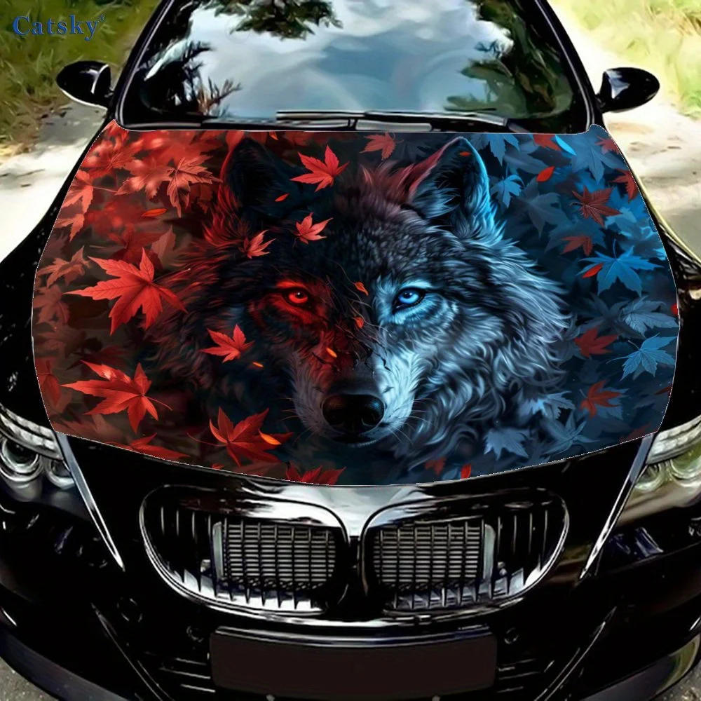 

Red Blue Maple Leaf Car Vinyl Wrap, PVC Waterproof Car Hood Sticker, Self-Adhesive Scratch-Resistant Stickers for Engine Cover,