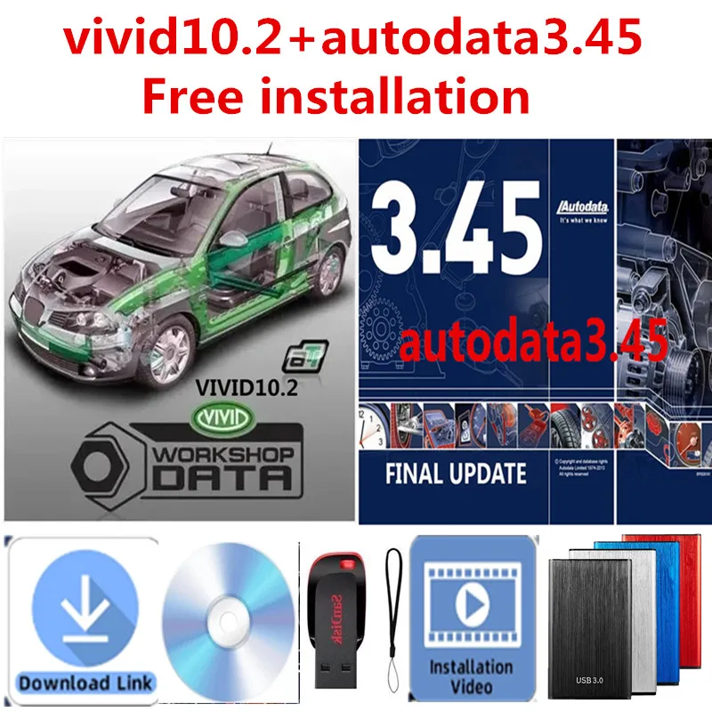 Newest Autodata 3.45 software and vivid workshop 10.2 Auto Repair Software+ install video guide+ remote install help auto data