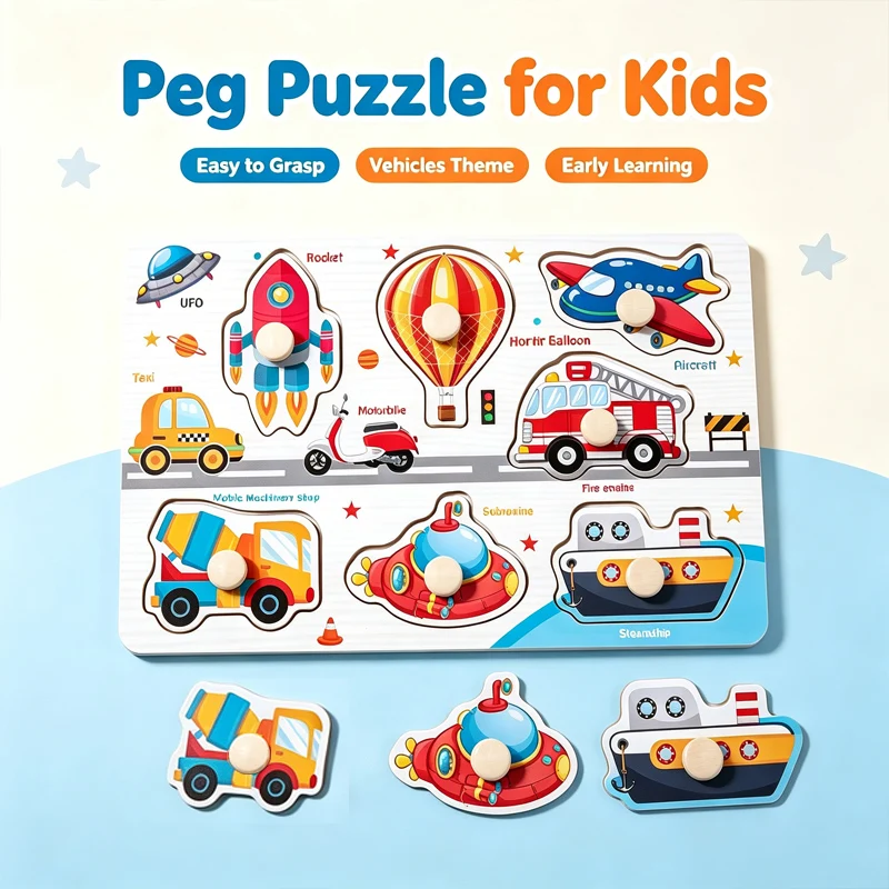 Wooden Puzzles Montessori Baby Toys Cartoon Animal Fruit Traffic Hand Grab Boards Cognition Jigsaw Puzzle Kids Educational Games