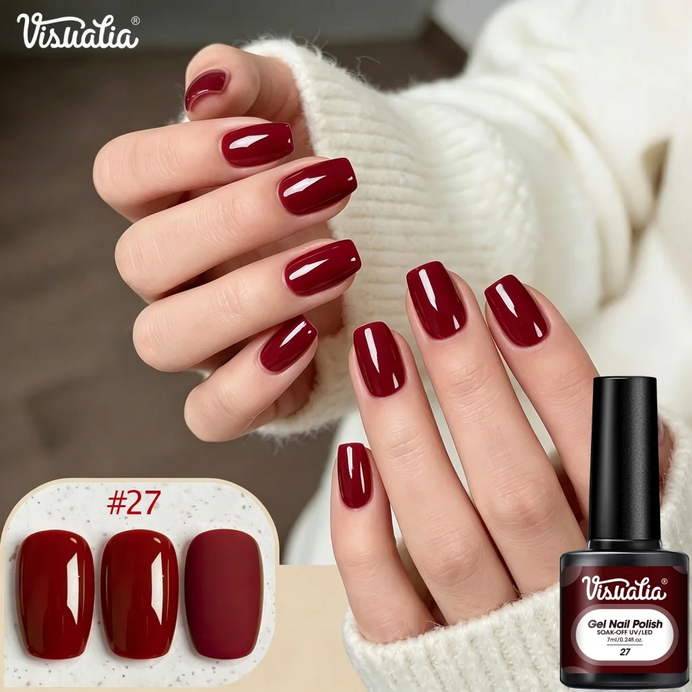 Visuatia # 27 Burgundy Nail Gel 7ml, UV-LED Soak-Off Removable Phototherapy Gel. Deep cherry red color, strong coverage, rich pigmentation. The nail lamp cures and forms a long-lasting, durable film, suitable for autumn and winter, as well as holiday manicures. The color application is transparent and even, making it suitable for home DIY and salon manicures.