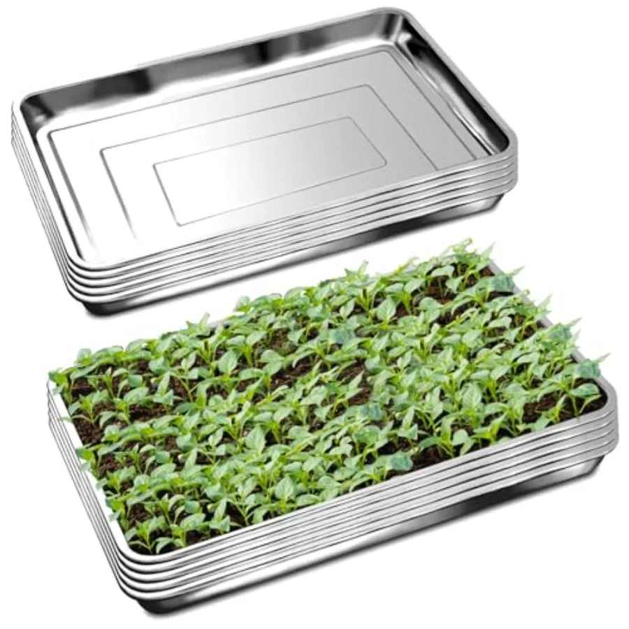 

10 Pack Large Stainless Steel Seedling Trays, Heavy Duty Metal Water Catch Trays for Nursery Pots Transplant, Seed Germination