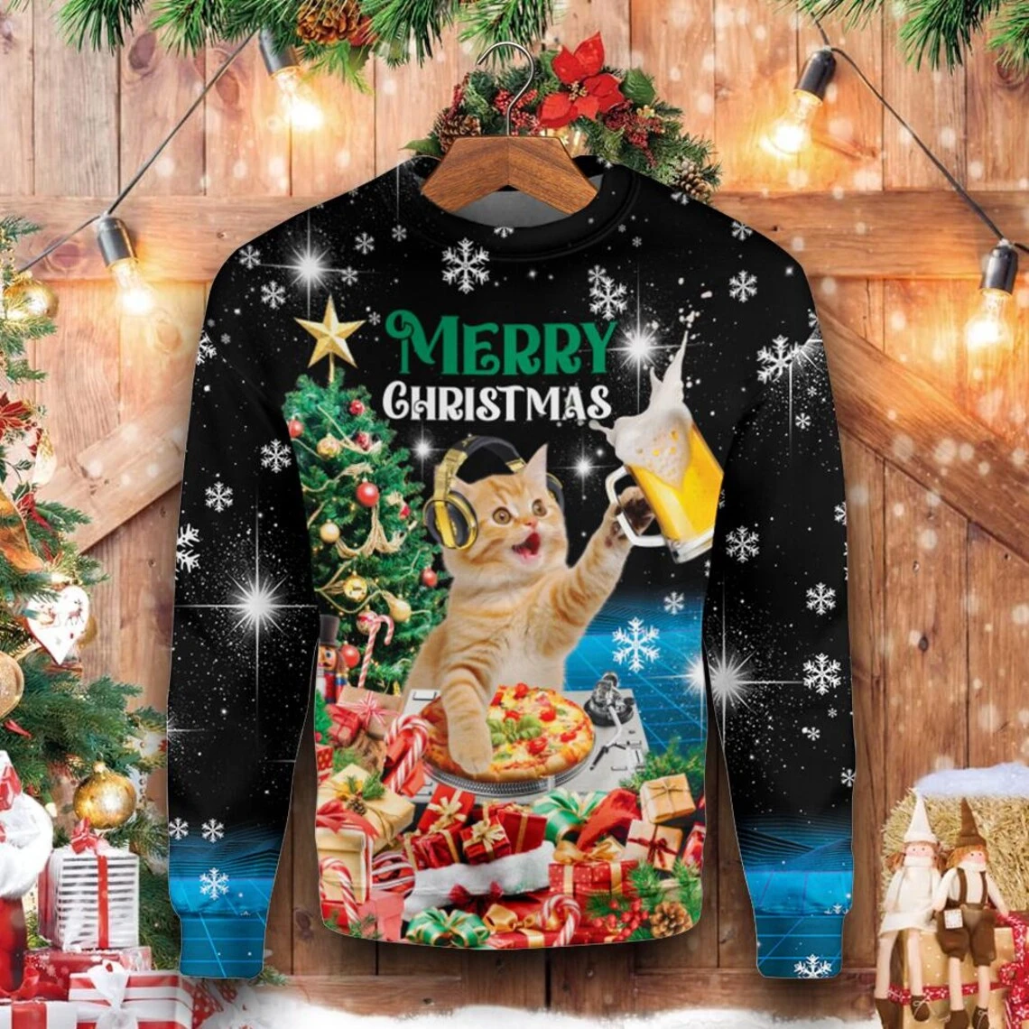 

Уродливый рождественский свитер с забавными кошками для мужской одежды, толстовка с круглым вырезом с Рождеством, уродливая вечеринка, серия, рождественский подарок, толстовки