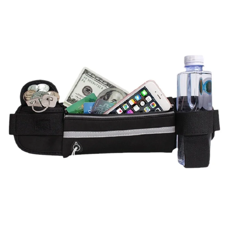 Jogging Sports Waist Belt Bag Pack Mobile Phone Keys Card Money Cash Bags with Bottle Water Holder Outdoor Running Stretch Pouch