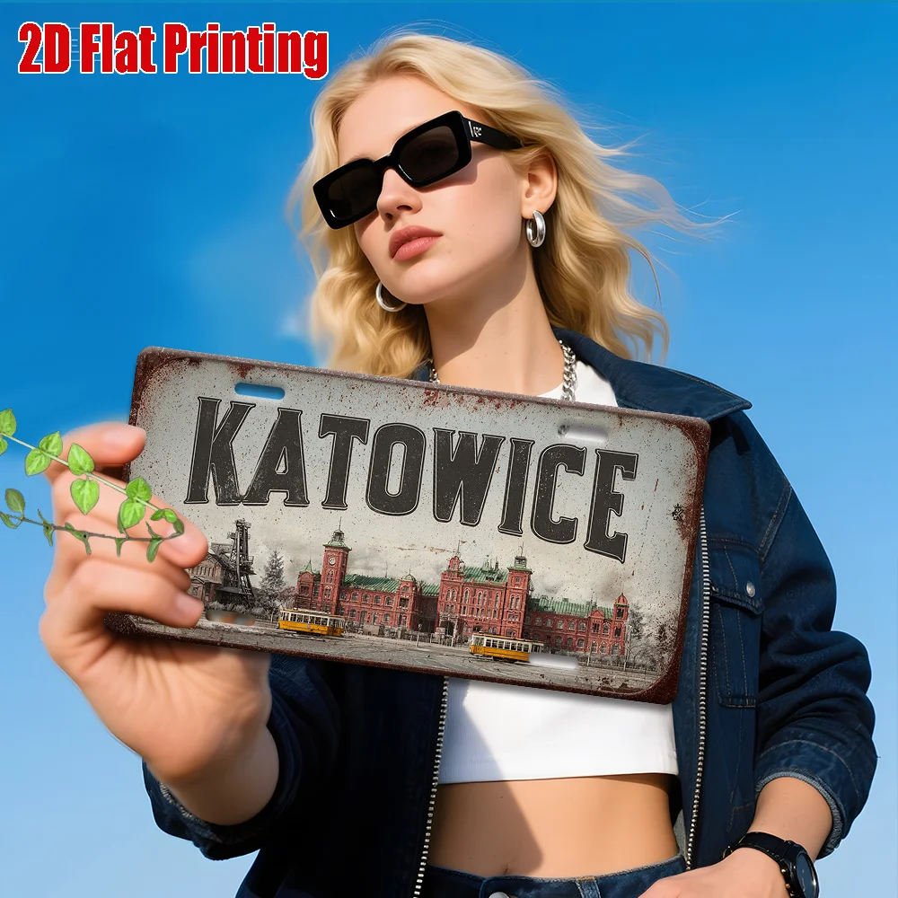 2D Flat, 1pc Large Vintage Katowice Poland Metal Sign - Heavy-Duty Aluminum Polish City Wall Decor Suitable for Indoor/Outdoor U