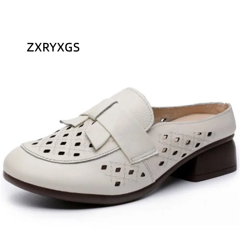 ZXRYXGS Round Toe Superior Genuine Leather Slippers Outer Wear Sandals 2024 Hollow Thick Heel Soft Sole Women Fashion Slippers