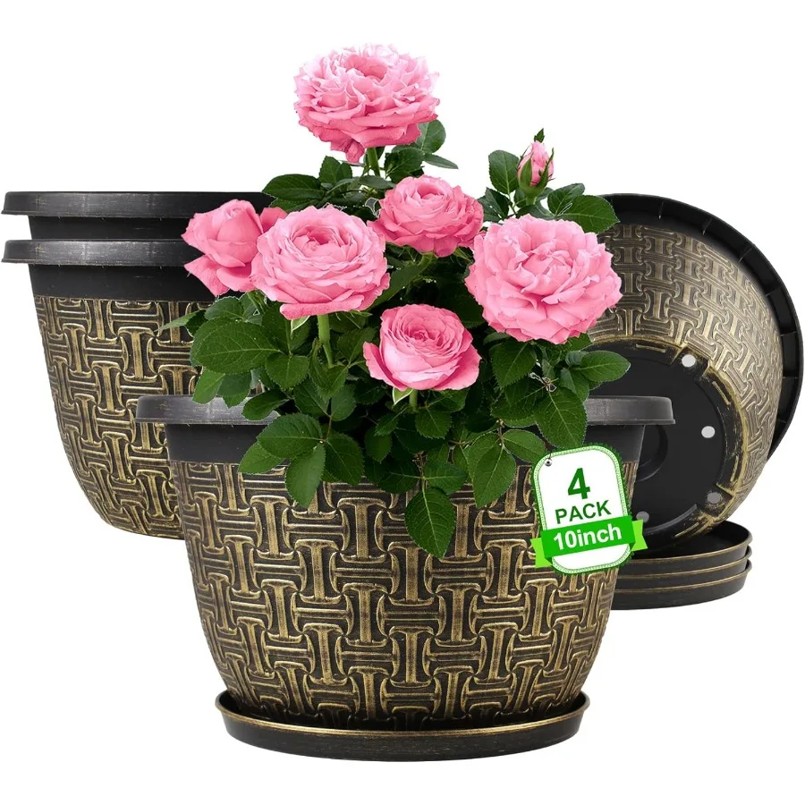 

10 Inch Plant Pots 4 Pack Flower Pots Outdoor with Drainage Holes Trays Retro Antique Imitation Drative Garden Plastic Pots for