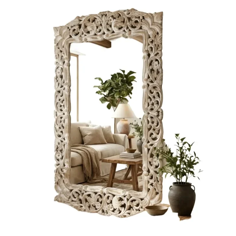 European Light Luxury Rectangular Floor to Ceiling Full Body Mirror with Carved Border Retro Home Fitting High End Decorative