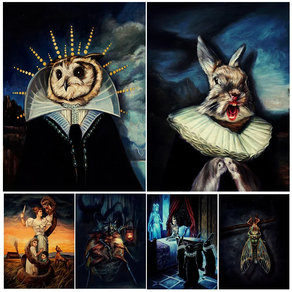 

Screaming Rabbit & Wizard Owl,Wall Art Canvas Painting,The Terrifying Rattlesnake & Deep-Sea Monster Art Poster Print Decoration
