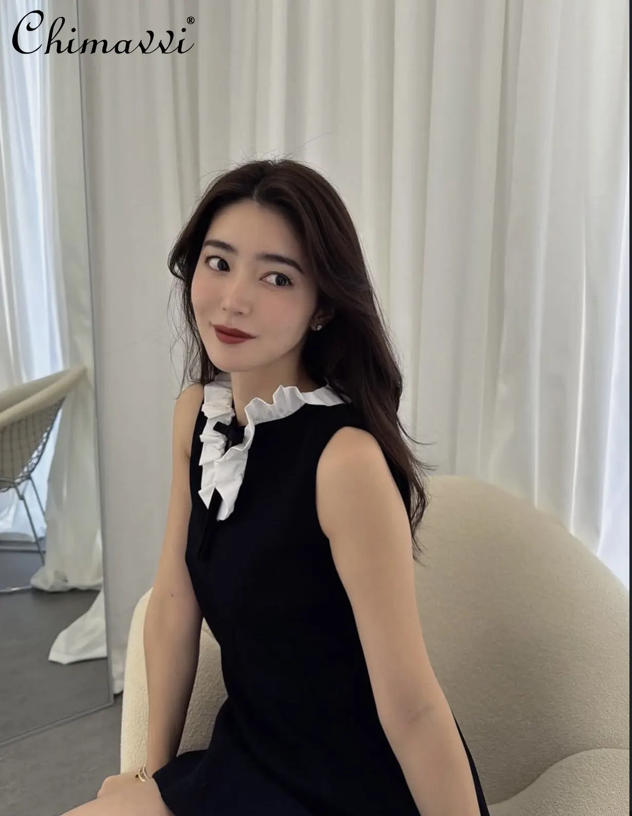 

Japanese Style Fashion Commute Short Dress New Spring Summer Women's Sleeveless French Chic Bow Ladies Princess Dresses