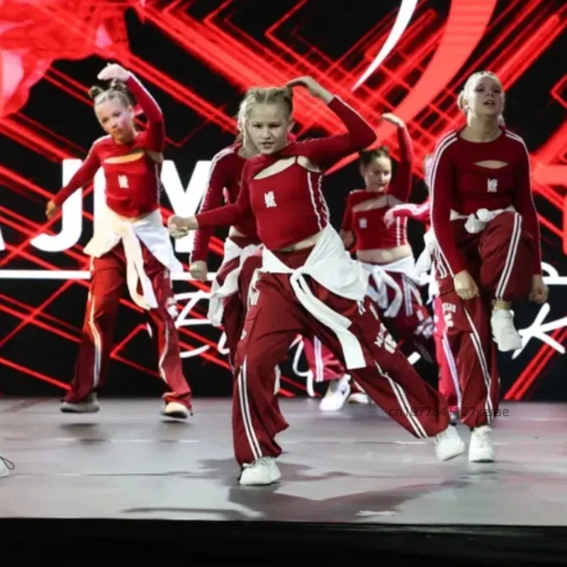 Costume da ballo jazz rosso per ragazza, set da ballo di strada per gruppo di ragazze per bambini, top jazz per ragazza per bambini, abito da spettacolo, abito alla moda