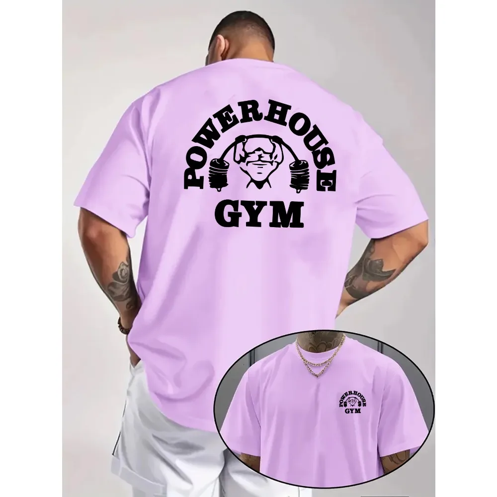 Camiseta gráfica de gimnasio para hombre, camiseta informal de verano rosa brillante con diseño de mancuernas, ligeramente elástica, ajuste regular, tela transpirable